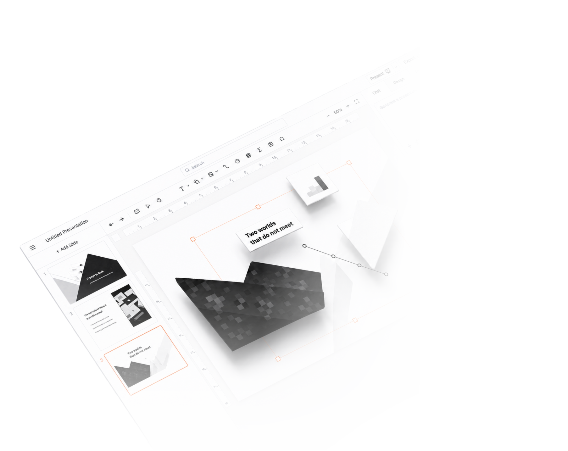 Presenta editor interface with generated slide elements floating as editable layers